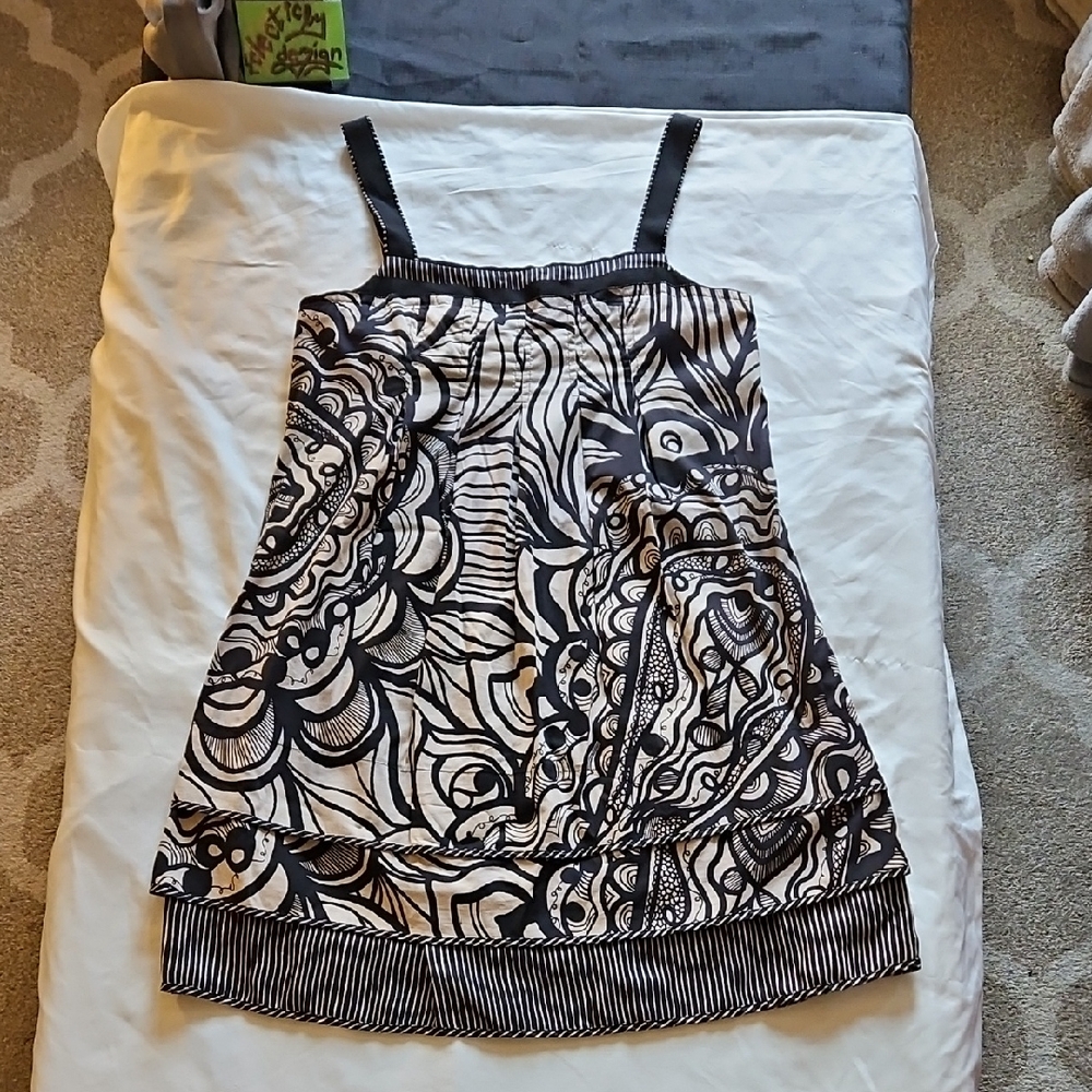 BCBGMaxAzria Black and White Striped Dress with Contrast Trim